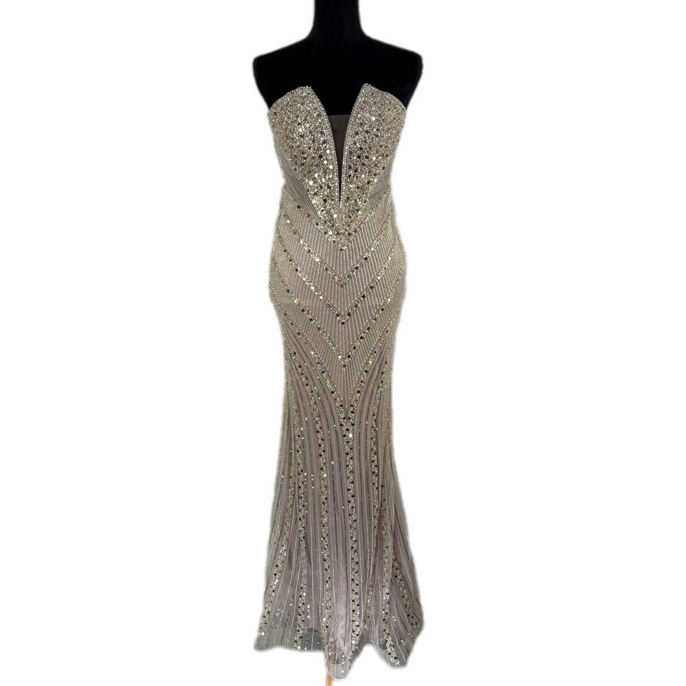 Ladivine Strapless Fitted Beaded Gown in Champagne CD0216 - Women's Size 4